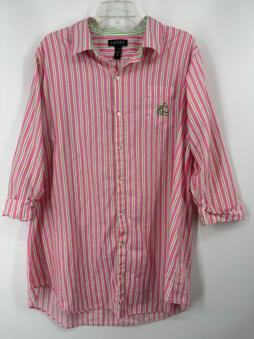 Lauren Ralph Lauren Pink Stripe Cotton Button-Up Sleep Shirt